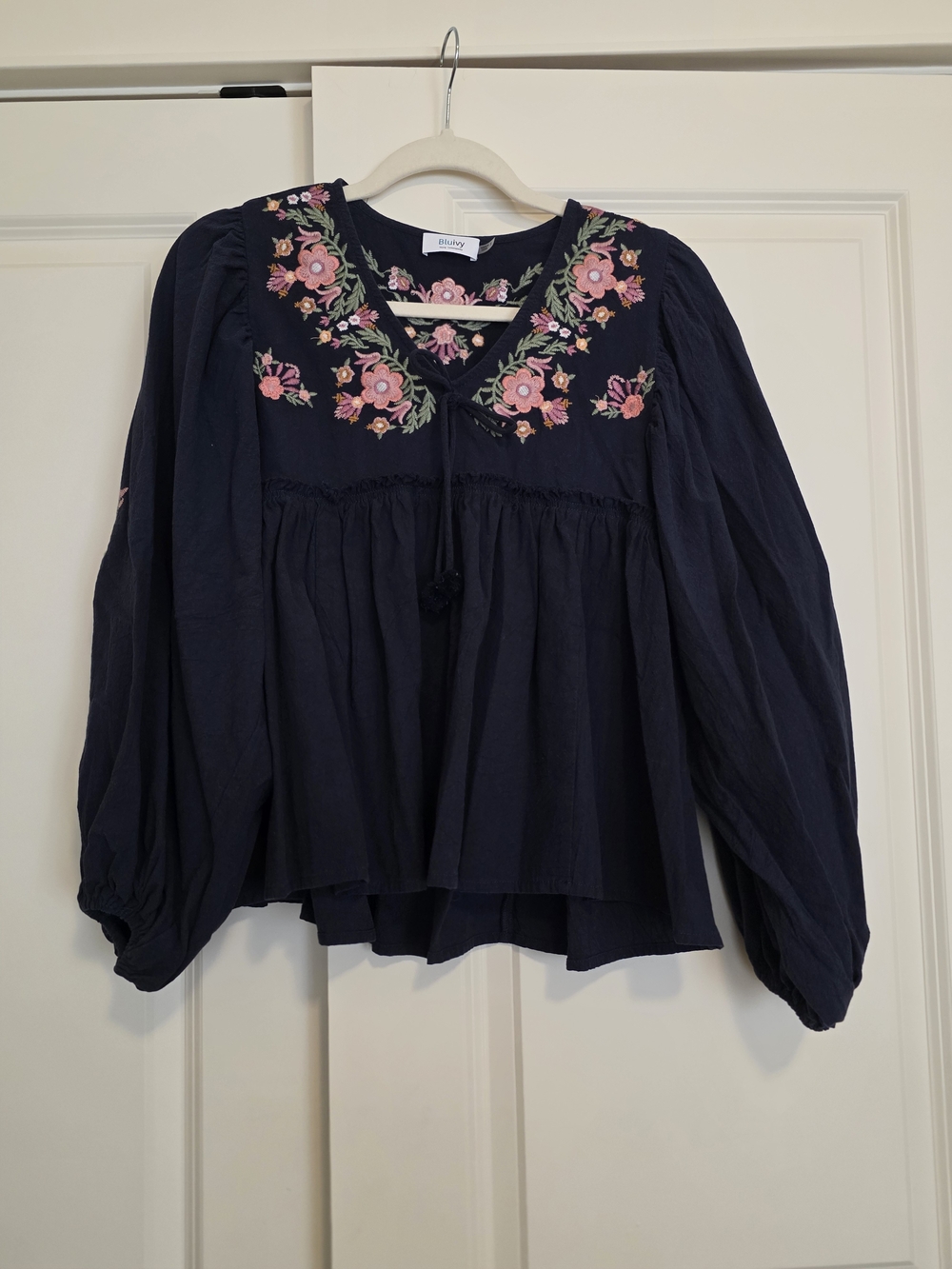 Bluivy Navy Floral Embroidered Peasant Blouse
